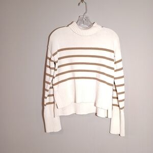 Veronica Beard Lancetti striped nautical turtleneck sweater in off white khaki